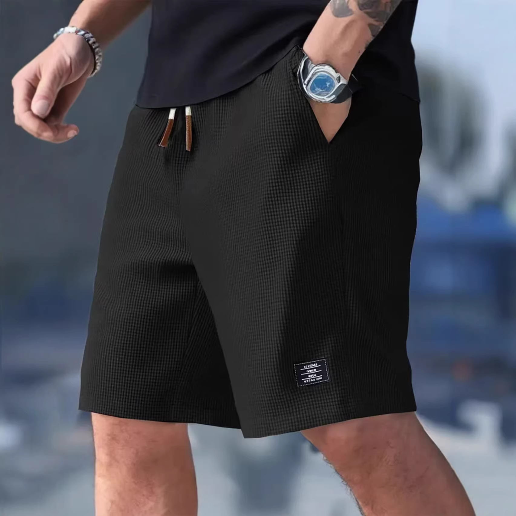 شورت رجالي أسود بنسيج الوافل ك - مراجعة Summer Clothing Deals وسعره